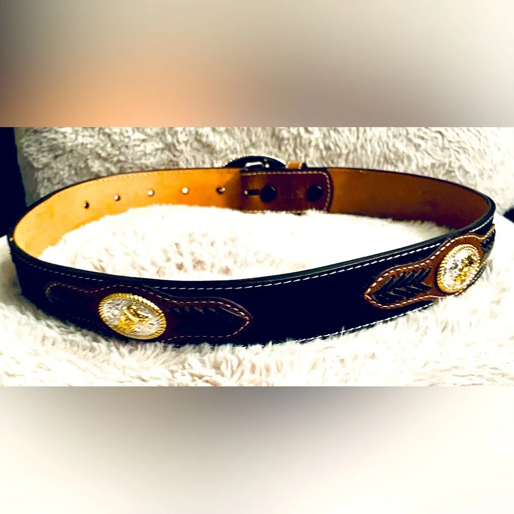 3D Kids Brown Leather Belt with Silver and Gold Buckle 2 Concho embellishments